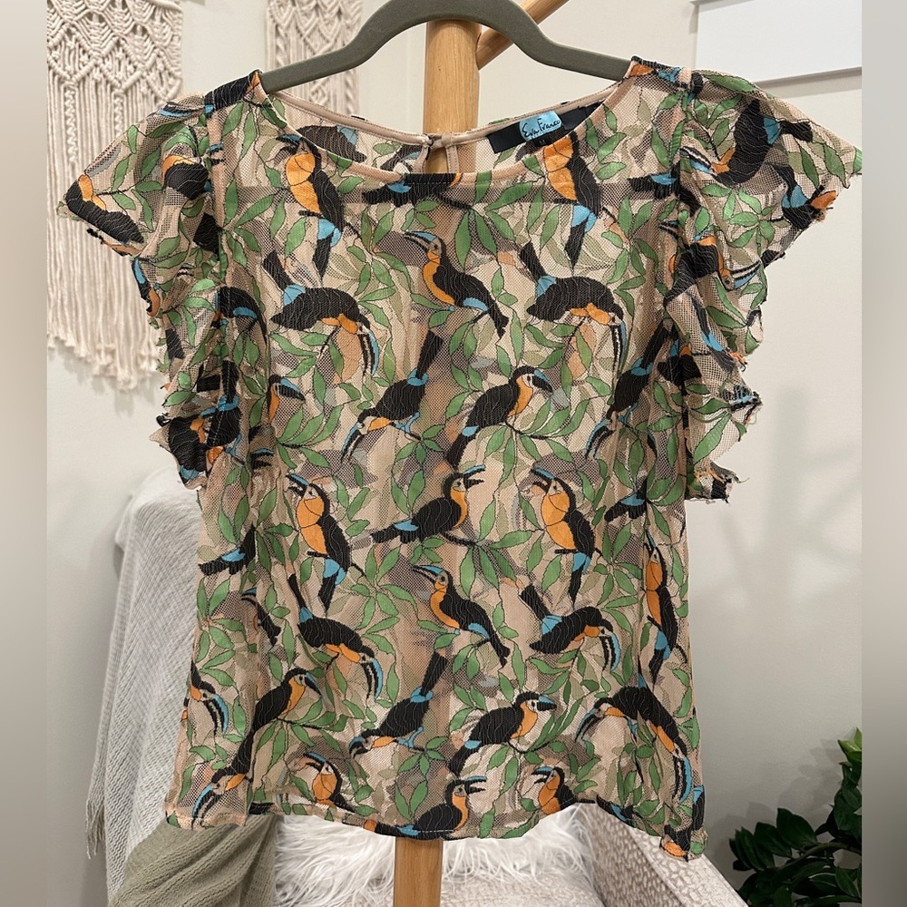 Eva Franco Toucan Print Mesh Blouse Ruffle Sleeve Tropical Top M